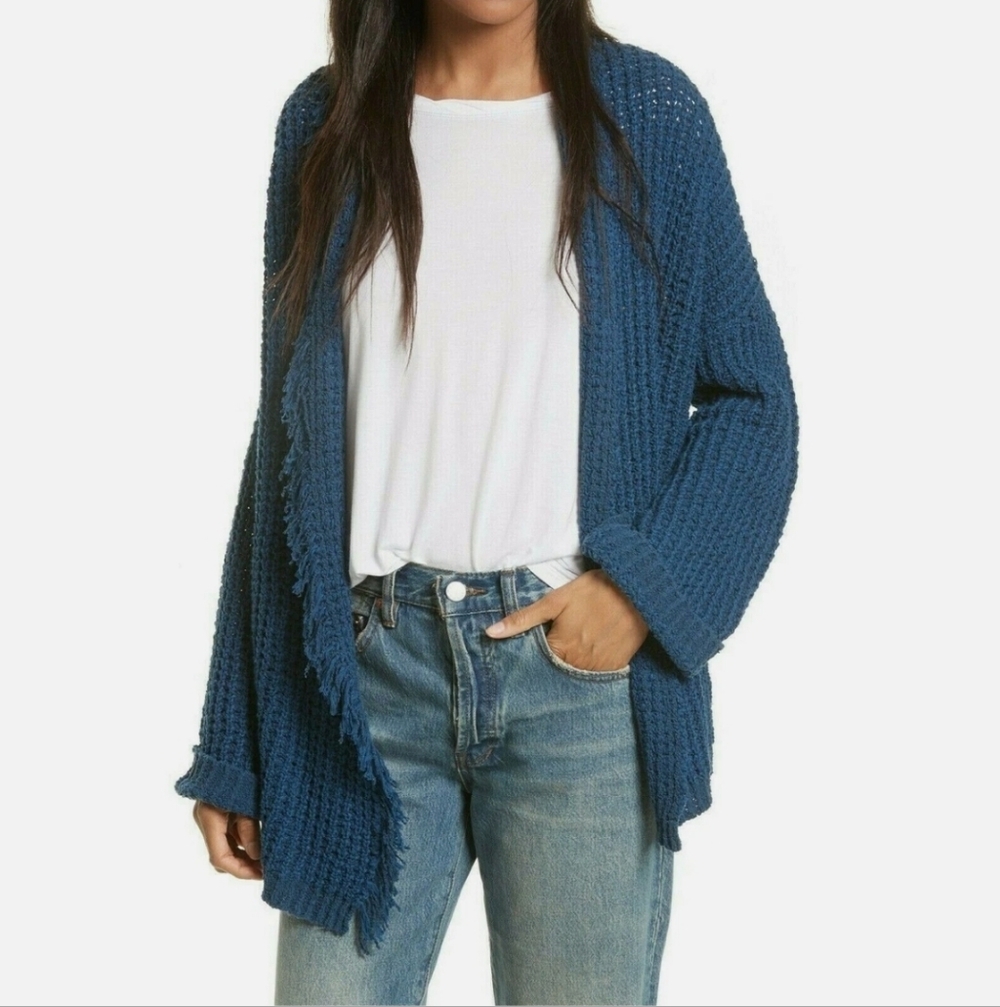 FREE PEOPLE Blue I'll Be Around Fringe Cottagecore Slouchy Silk   Cardigan Sz M